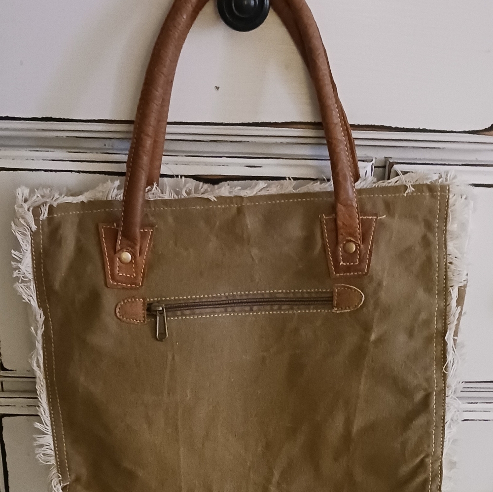 Sel De Mer Paris Canvas Tote Bag Tan Cream Fringe - Picture 8 of 12